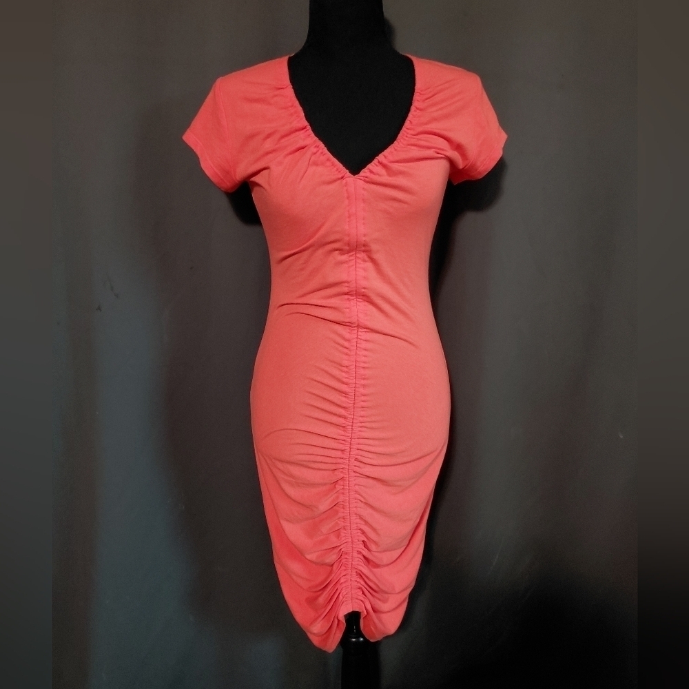 DKNY Jeans Coral Orange Ruched Bodycon V-neck Dress Size Small NWT